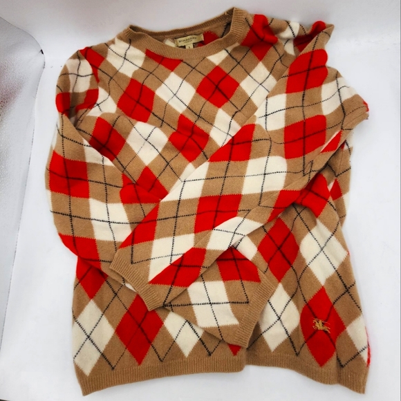 Burberry Vintage 100% Wool Argyle Pullover Sweater In Tan, Red and White Size L - Picture 10 of 10